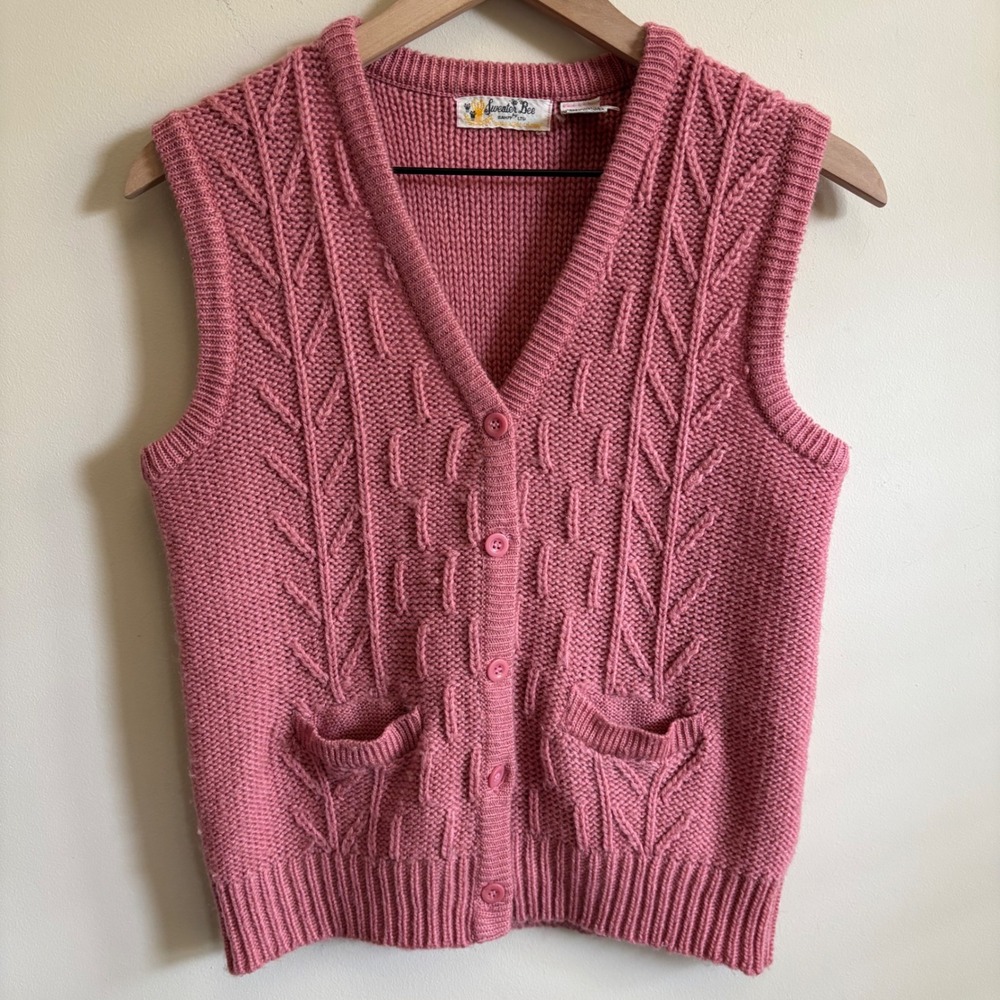 Vintage Sweater Bee Pink Cable Knit Cardigan Vest V-Neck Button Front Large